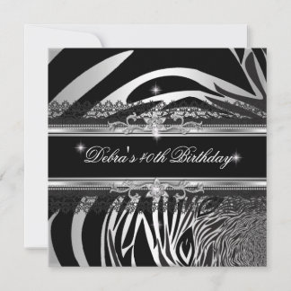Zebra Black Silver White 40th Birthday Party Invitation