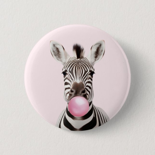 Zebra Blowing Pink Bubble Gum Playful Digital Art Button (Front)