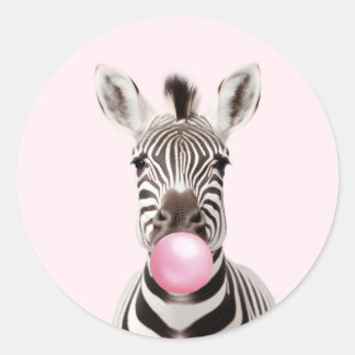 Zebra Blowing Pink Bubble Gum Playful Digital Art Classic Round Sticker
