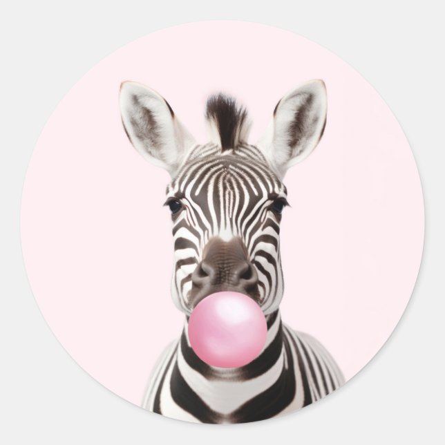 Zebra Blowing Pink Bubble Gum Playful Digital Art Classic Round Sticker (Front)