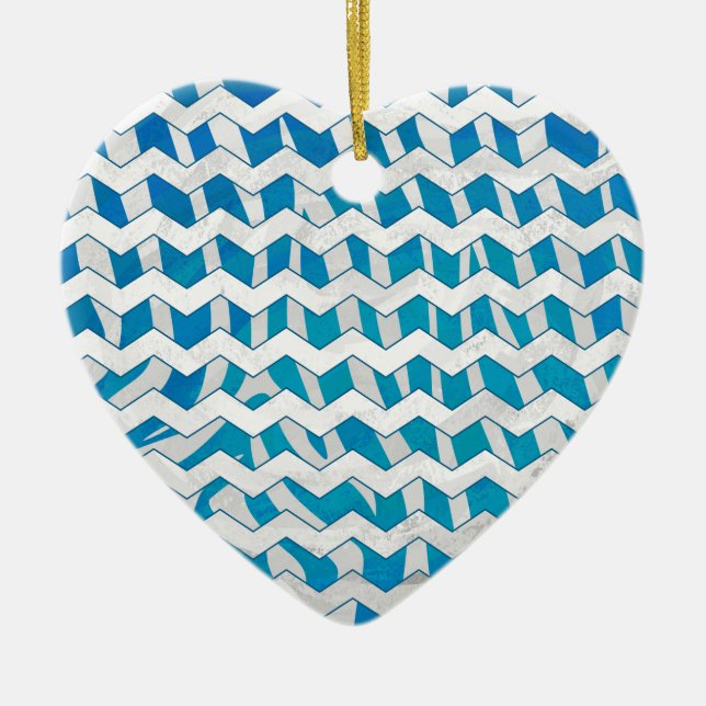 Zebra Blue and White Chevron Ceramic Ornament (Front)