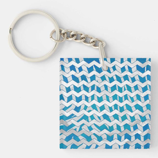 Zebra Blue and White Chevron Keychain (Front)