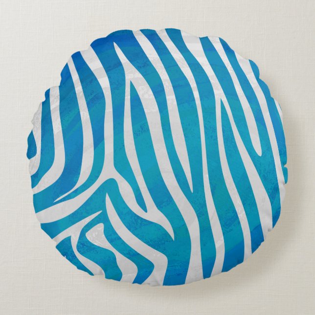 Zebra Blue and White Print Round Pillow (Front)