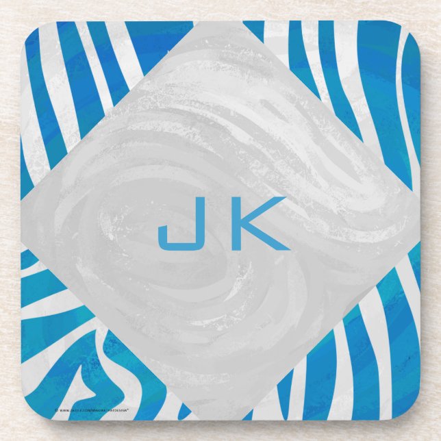 Zebra Blue and White with Monogram Coaster (Front)