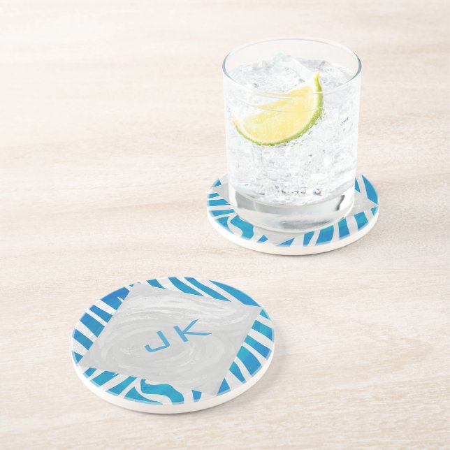 Zebra Blue and White with Monogram Drink Coaster (Side)