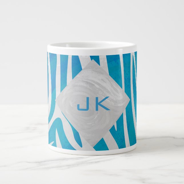 Zebra Blue and White with Monogram Giant Coffee Mug (Front)