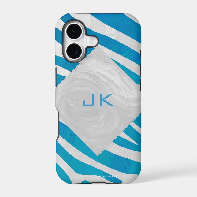 Zebra Blue and White with Monogram Iphone Case (Back)
