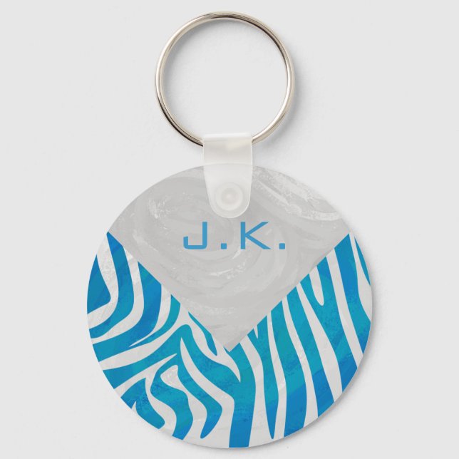 Zebra Blue and White with Monogram Keychain (Front)