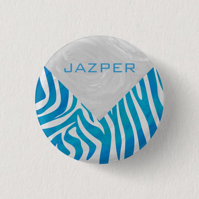 Zebra Blue and White with Monogram Pinback Button (Front)