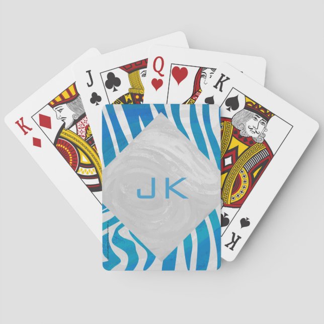 Zebra Blue and White with Monogram Poker Cards (Back)