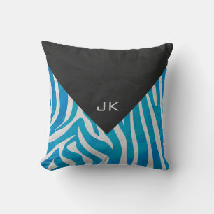 Zebra Blue and White with Monogram Throw Pillow
