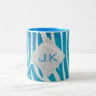 Zebra Blue and White with Monogram Two-Tone Coffee Mug