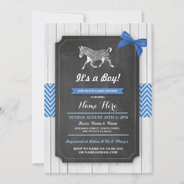 Zebra Blue Baby Shower Party Boy Wood Invite (Front)