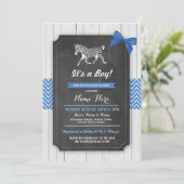 Zebra Blue Baby Shower Party Boy Wood Invite (Standing Front)