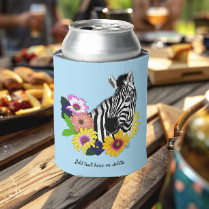 Zebra Blue Colorful Daisy Floral Wildlife Can Cooler