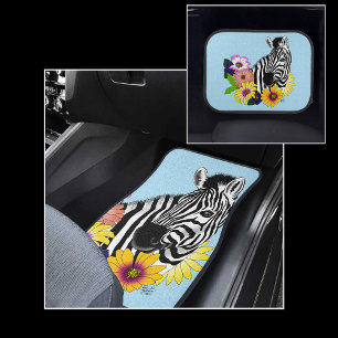 Zebra Blue Colorful Daisy Floral Wildlife Car Floor Mat