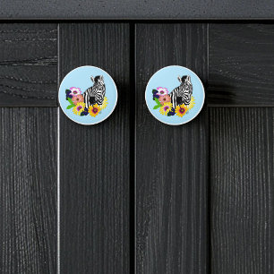 Zebra Blue Colorful Daisy Floral Wildlife Ceramic Knob