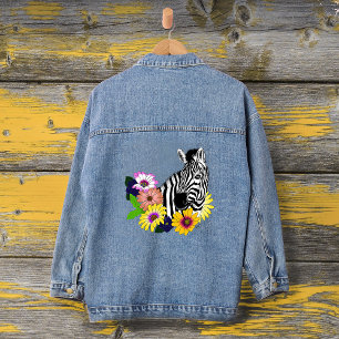 Zebra Blue Colorful Daisy Floral Wildlife Denim Jacket