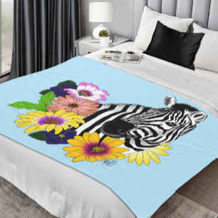 Zebra Blue Colorful Daisy Floral Wildlife Fleece Blanket