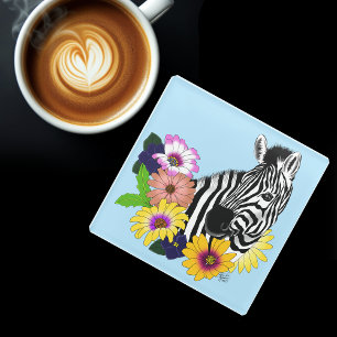 Zebra Blue Colorful Daisy Floral Wildlife Glass Coaster