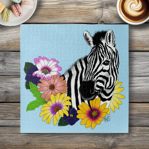 Zebra Blue Colorful Daisy Floral Wildlife Jigsaw Puzzle