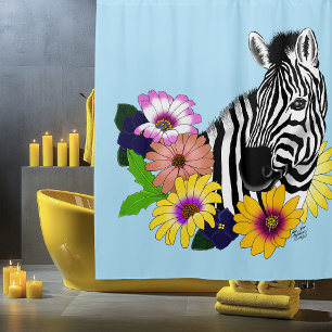 Zebra Blue Colorful Daisy Floral Wildlife Shower Curtain