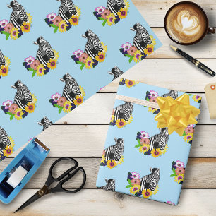 Zebra Blue Colorful Daisy Floral Wildlife Wrapping Paper
