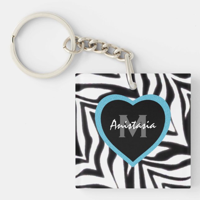 Zebra: Blue Heart: Personalized Keychain (Front)