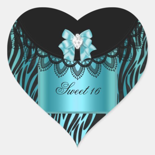 Zebra Blue Teal Sweet Sixteen Sweet 16 Black Lace Heart Sticker