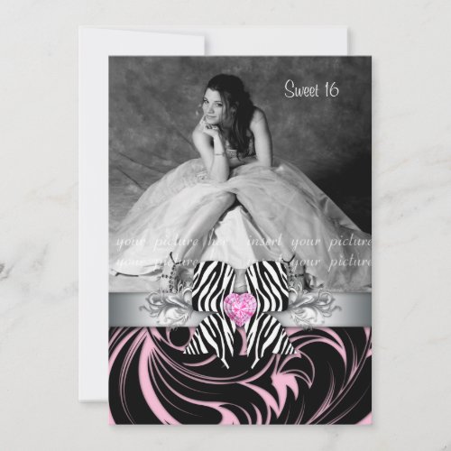 Zebra Bow Sweet 16 Party Invite Photo Card Floral