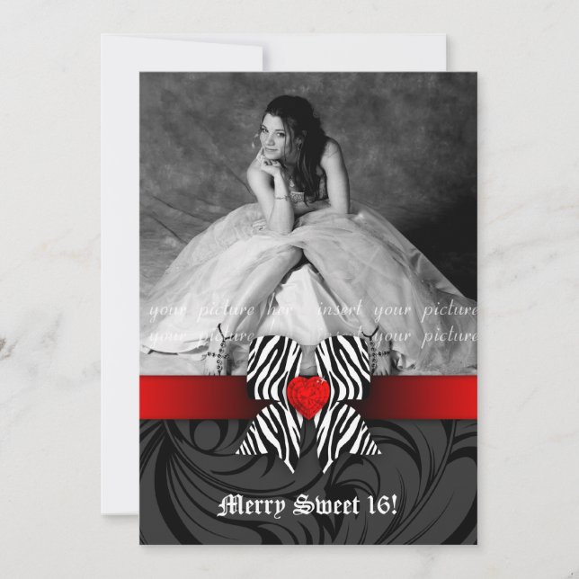 Zebra Bow Sweet 16 Party Invite Photo Card Red (Front)