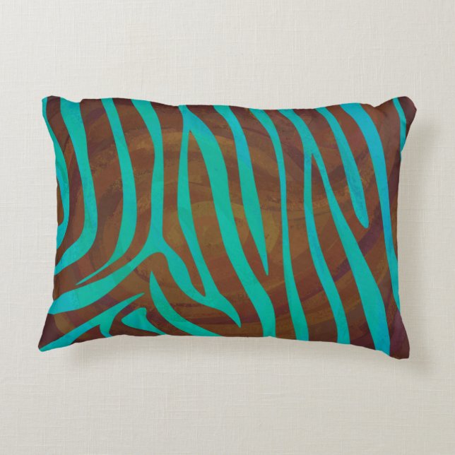 Zebra Brown and Teal Print Accent Pillow (Back)