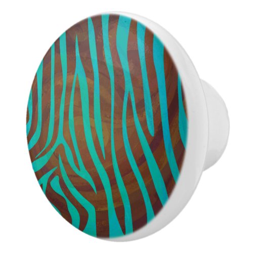 Zebra Brown and Teal Print Ceramic Knob