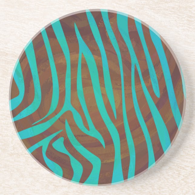 Zebra Brown and Teal Print Drink Coaster (Front)