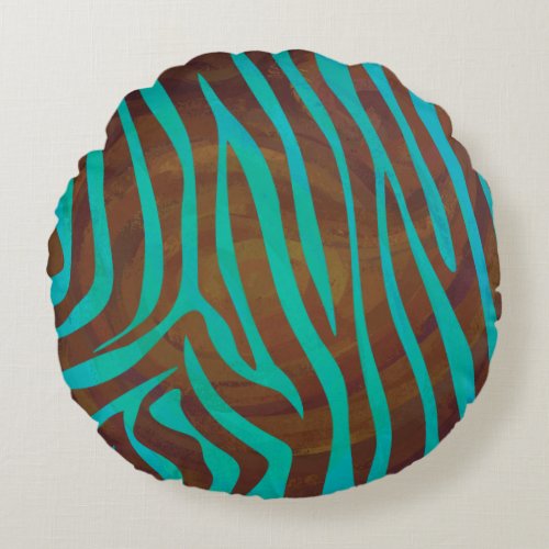 Zebra Brown and Teal Print Round Pillow