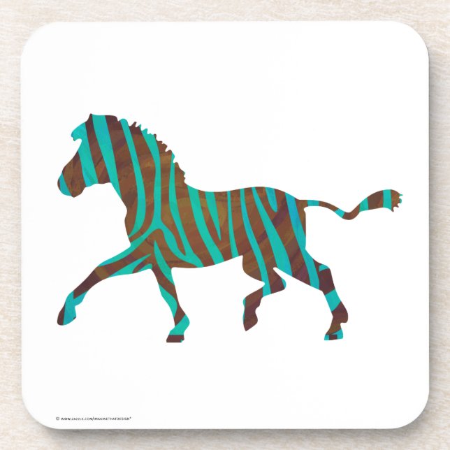 Zebra Brown and Teal Print Silhouette Beverage Coaster (Front)