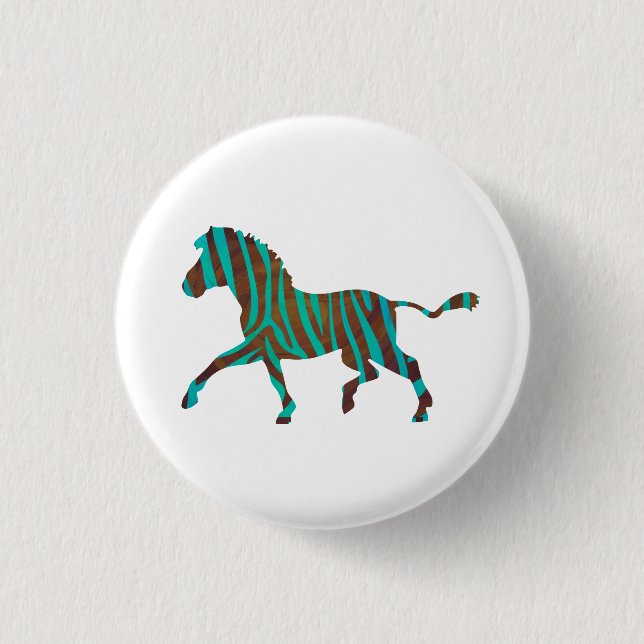 Zebra Brown and Teal Print Silhouette Pinback Button (Front)