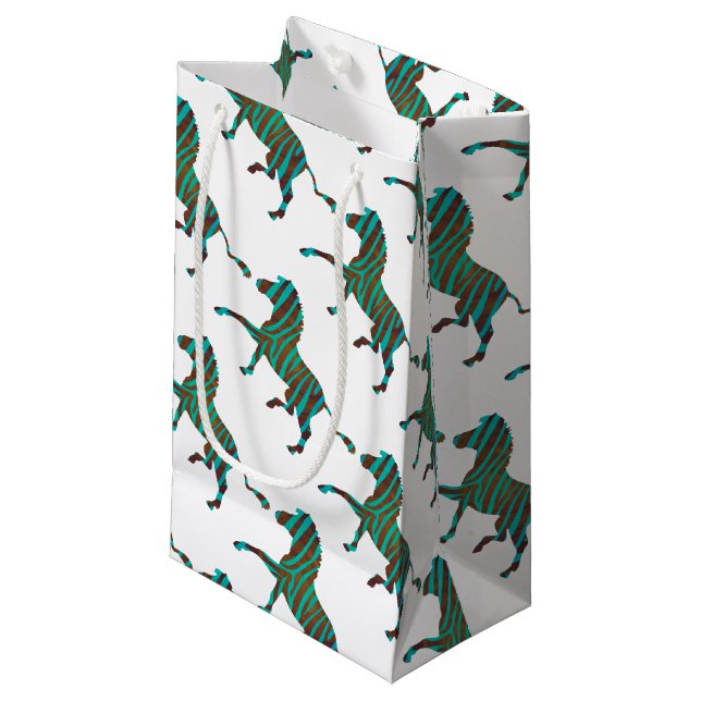 Zebra Brown and Teal Print Silhouette Small Gift Bag (Front Angled)