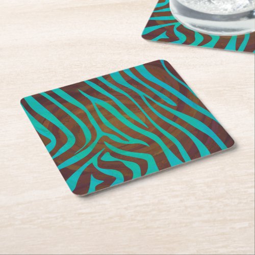 Zebra Brown and Teal Print Square Paper Coaster