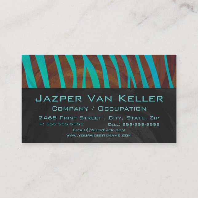 Zebra Brown and Teal with Monogram Business Card (Front)