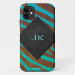 Zebra Brown and Teal with Monogram iPhone 11 Case