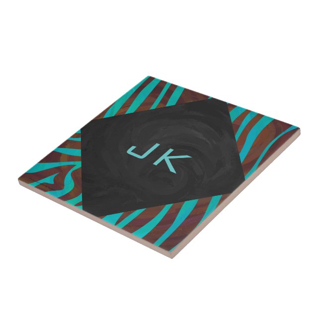 Zebra Brown and Teal with Monogram Ceramic Tile (Side)