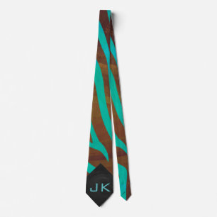 Zebra Brown and Teal with Monogram Neck Tie