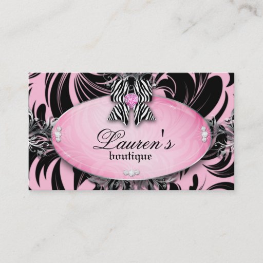 Customizable Zebra Business Card Jewelry Bow Pink Silver Swirls