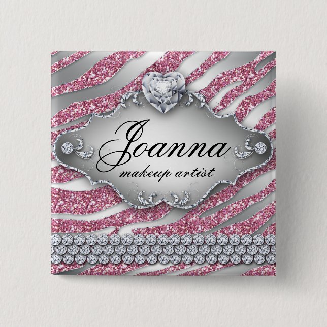 Zebra Button Name Tag Makeup Artist Pink Glitter (Front)