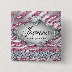 Zebra Button Name Tag Makeup Artist Pink Glitter