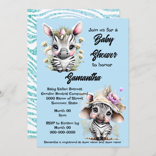 Zebra cartoon cute jungle safari blue glitter invitation