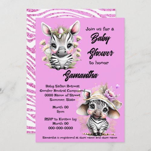 Zebra cartoon cute jungle safari girls glitter invitation