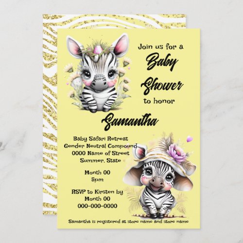 Zebra cartoon cute jungle safari yellow glitter invitation