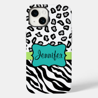Zebra Cheetah Leopard Skin Black White Teal Name Case-Mate iPhone 14 Case